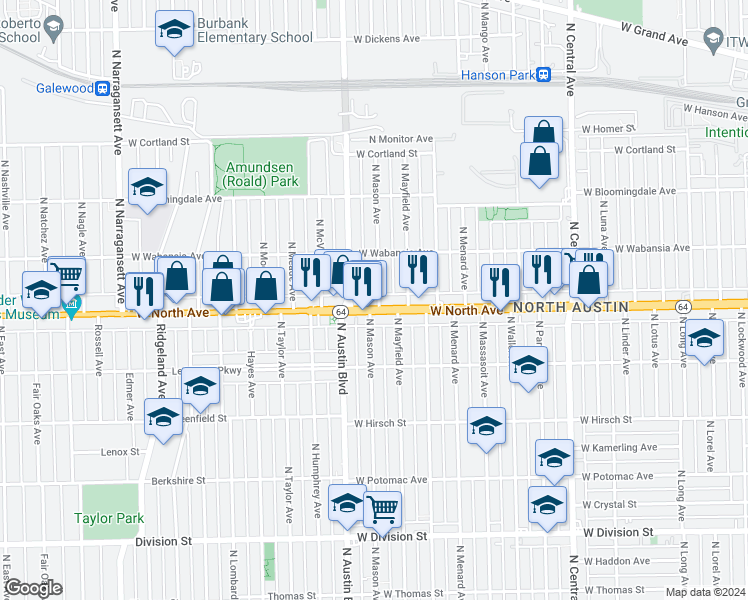 map of restaurants, bars, coffee shops, grocery stores, and more near 1623 North Mason Avenue in Chicago