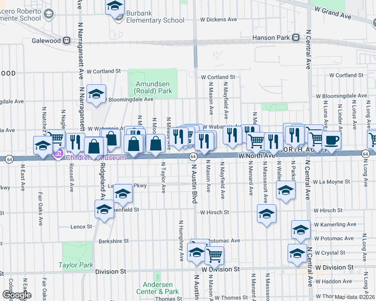 map of restaurants, bars, coffee shops, grocery stores, and more near 1622 North Austin Avenue in Chicago