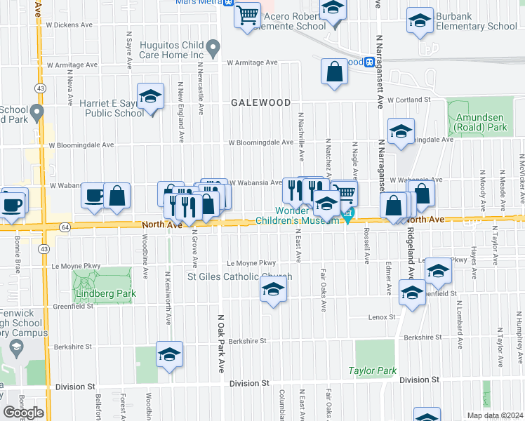 map of restaurants, bars, coffee shops, grocery stores, and more near 1629 North Normandy Avenue in Chicago
