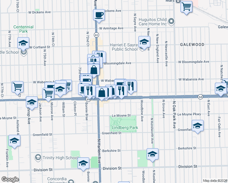 map of restaurants, bars, coffee shops, grocery stores, and more near 1624-1698 North Neva Avenue in Chicago