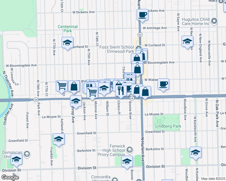 map of restaurants, bars, coffee shops, grocery stores, and more near 1634 North 73rd Court in Elmwood Park