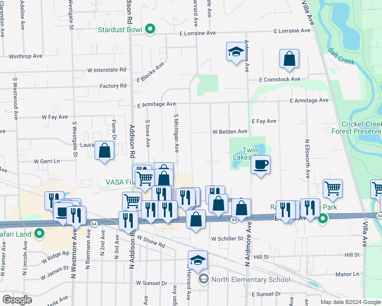 map of restaurants, bars, coffee shops, grocery stores, and more near 942 South Harvard Avenue in Addison