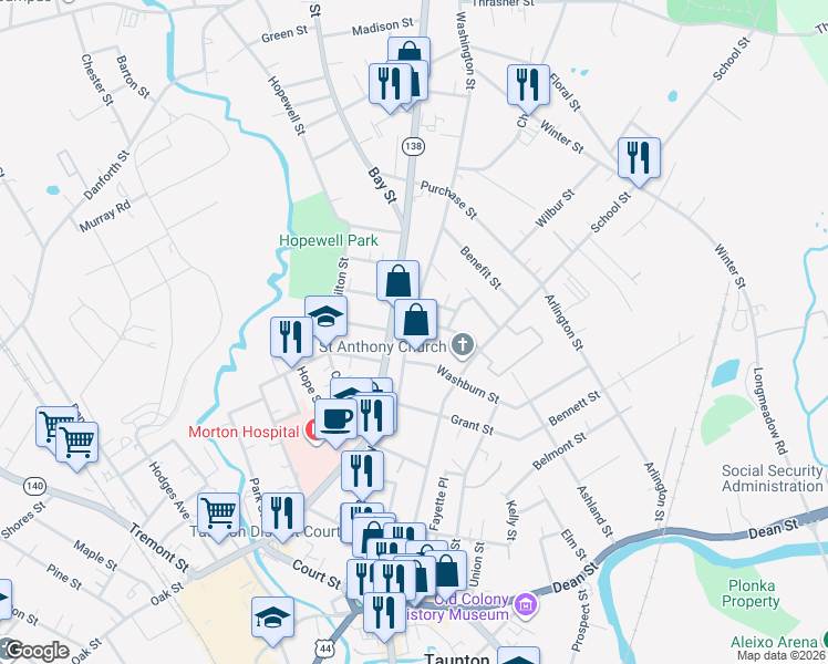 map of restaurants, bars, coffee shops, grocery stores, and more near 6 East Broadway in Taunton
