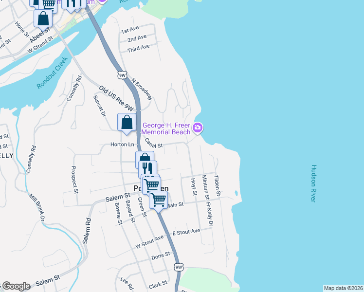 map of restaurants, bars, coffee shops, grocery stores, and more near 108 Canal Street in Port Ewen