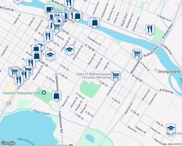 map of restaurants, bars, coffee shops, grocery stores, and more near 618 East 3rd Street in Monroe