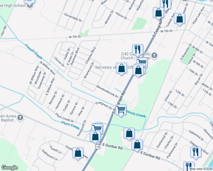 map of restaurants, bars, coffee shops, grocery stores, and more near 1229 Wellington Drive in Monroe