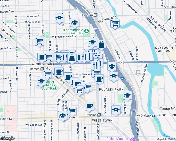 map of restaurants, bars, coffee shops, grocery stores, and more near 1641 West North Avenue in Chicago