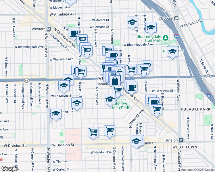 map of restaurants, bars, coffee shops, grocery stores, and more near 1604 North Milwaukee Avenue in Chicago