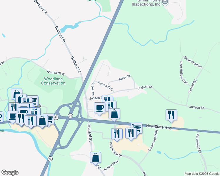 map of restaurants, bars, coffee shops, grocery stores, and more near 63 Warren Street East in Raynham