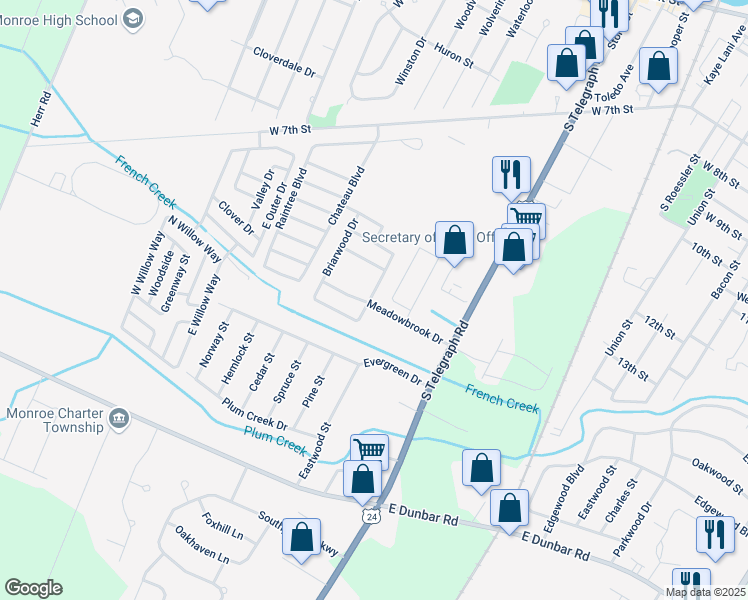 map of restaurants, bars, coffee shops, grocery stores, and more near 1274 Strandwyck Drive in Monroe
