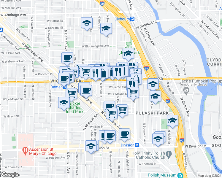 map of restaurants, bars, coffee shops, grocery stores, and more near 1528 North Paulina Street in Chicago