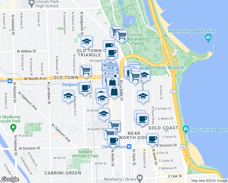map of restaurants, bars, coffee shops, grocery stores, and more near 1515 North Wells Street in Chicago