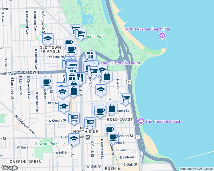 map of restaurants, bars, coffee shops, grocery stores, and more near 4 West Burton Place in Chicago