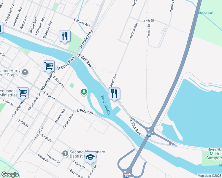 map of restaurants, bars, coffee shops, grocery stores, and more near 16 Detroit Avenue in Monroe