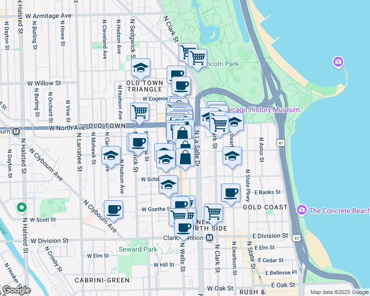 map of restaurants, bars, coffee shops, grocery stores, and more near 1529 North Wells Street in Chicago