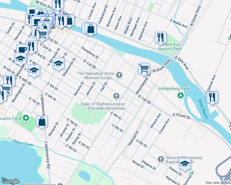 map of restaurants, bars, coffee shops, grocery stores, and more near 908 East 2nd Street in Monroe