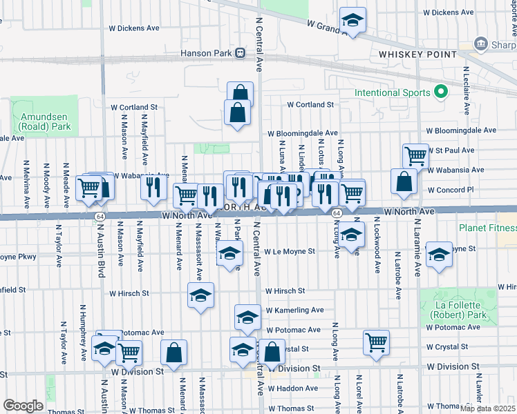 map of restaurants, bars, coffee shops, grocery stores, and more near 5600 West North Avenue in Chicago