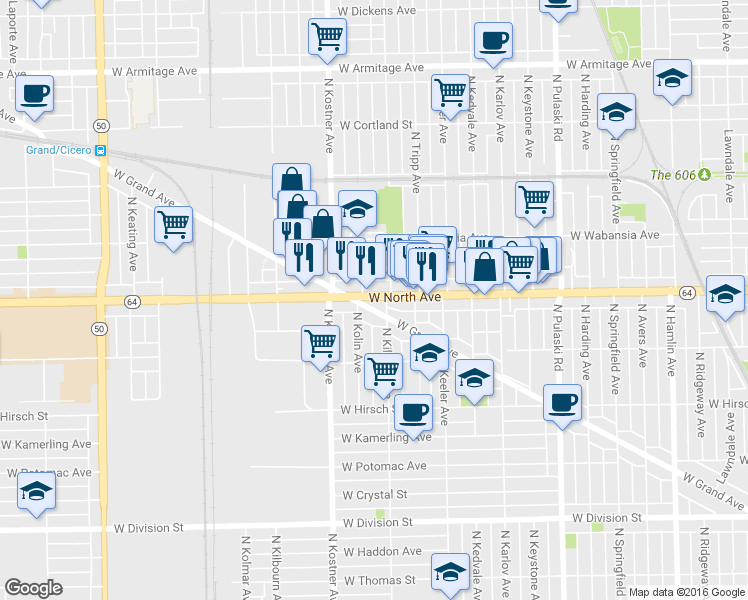 map of restaurants, bars, coffee shops, grocery stores, and more near 4311 W North Ave in Chicago