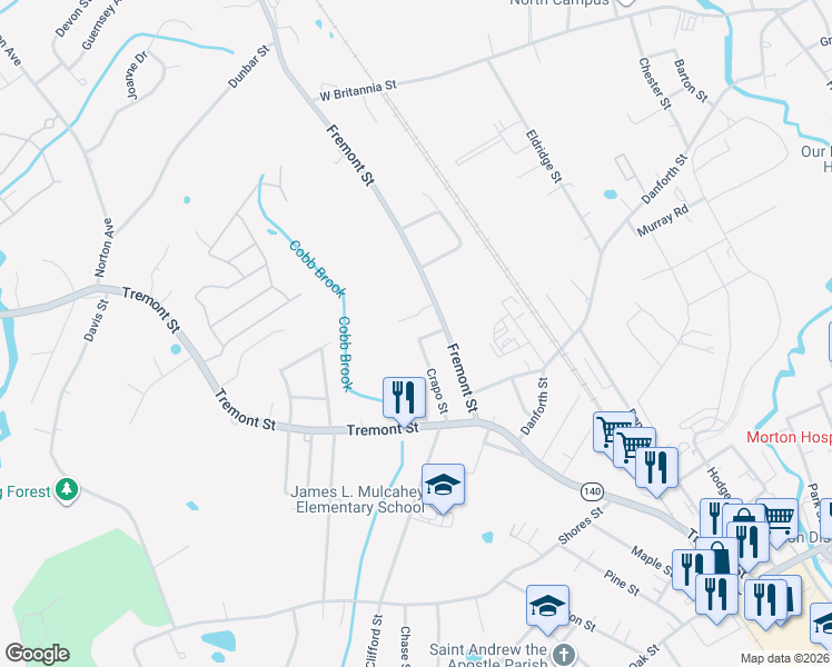 map of restaurants, bars, coffee shops, grocery stores, and more near 34 Crapo Street in Taunton