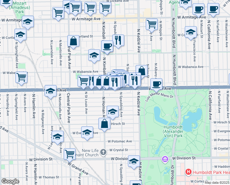 map of restaurants, bars, coffee shops, grocery stores, and more near 3319 West North Avenue in Chicago