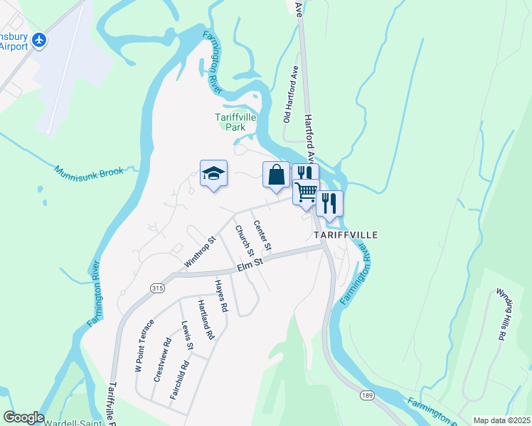 map of restaurants, bars, coffee shops, grocery stores, and more near 21 Winthrop Street in Simsbury