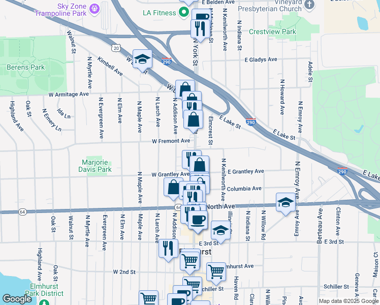 map of restaurants, bars, coffee shops, grocery stores, and more near 404 North York Street in Elmhurst
