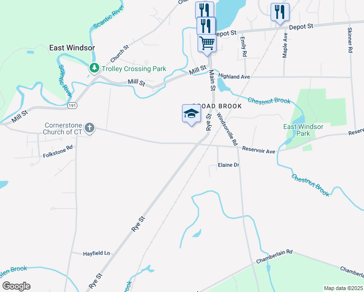 map of restaurants, bars, coffee shops, grocery stores, and more near 26 Rye Street in East Windsor