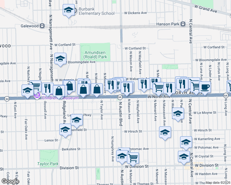 map of restaurants, bars, coffee shops, grocery stores, and more near 1622 North Austin Avenue in Chicago