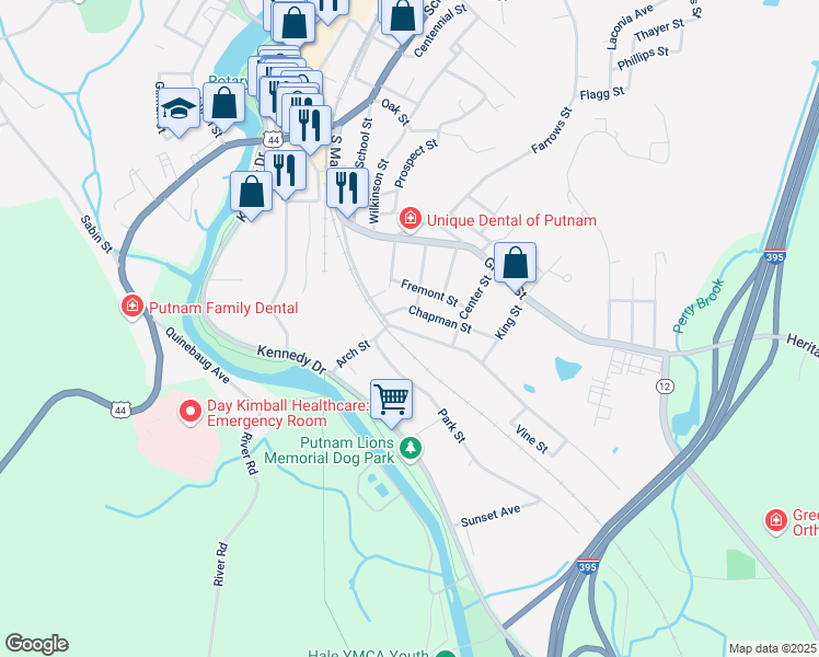 map of restaurants, bars, coffee shops, grocery stores, and more near 198 South Main Street in Putnam
