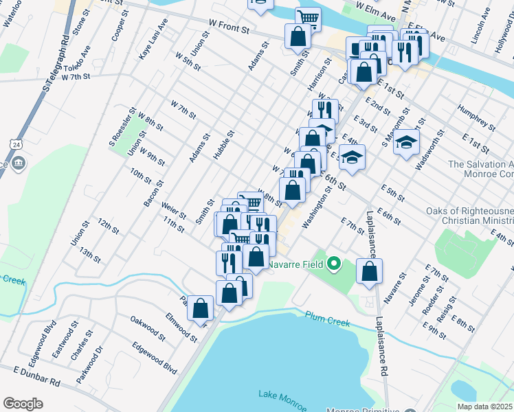 map of restaurants, bars, coffee shops, grocery stores, and more near 817 Harrison Street in Monroe