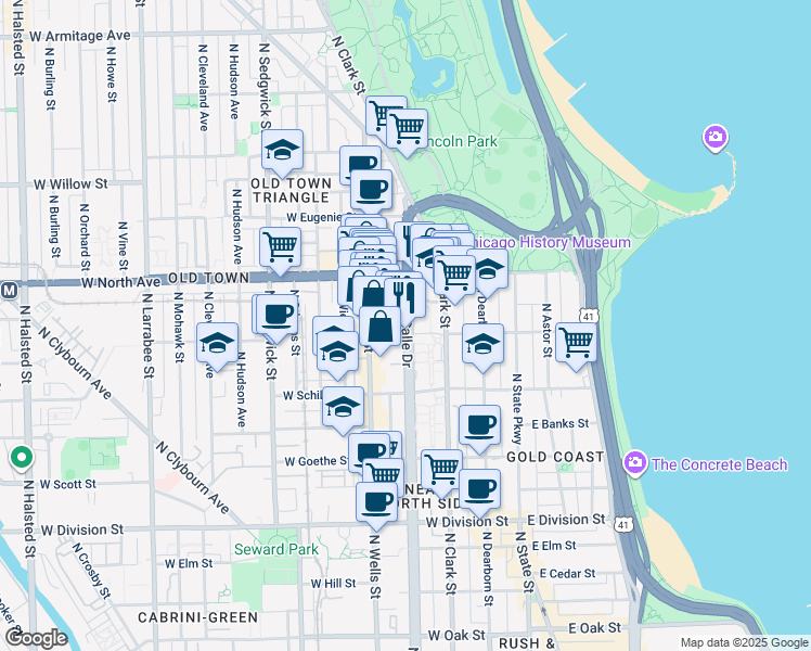 map of restaurants, bars, coffee shops, grocery stores, and more near 1546 North LaSalle Drive in Chicago