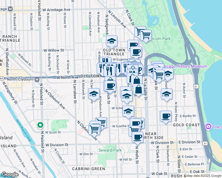 map of restaurants, bars, coffee shops, grocery stores, and more near 1522 North Orleans Street in Chicago