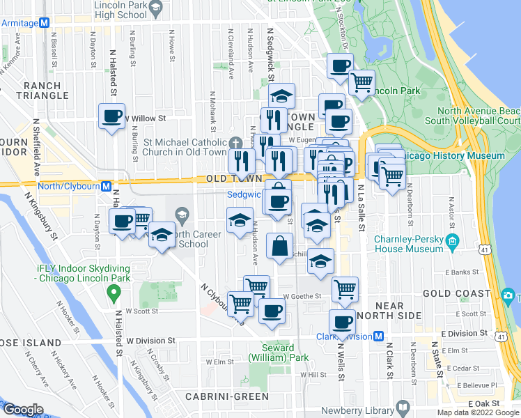 map of restaurants, bars, coffee shops, grocery stores, and more near 1520 North Sedgwick Street in Chicago