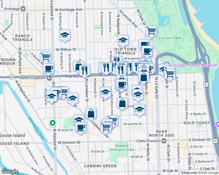 map of restaurants, bars, coffee shops, grocery stores, and more near 1523 North Cleveland Avenue in Chicago