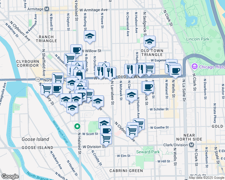 map of restaurants, bars, coffee shops, grocery stores, and more near 1530 North Larrabee Street in Chicago