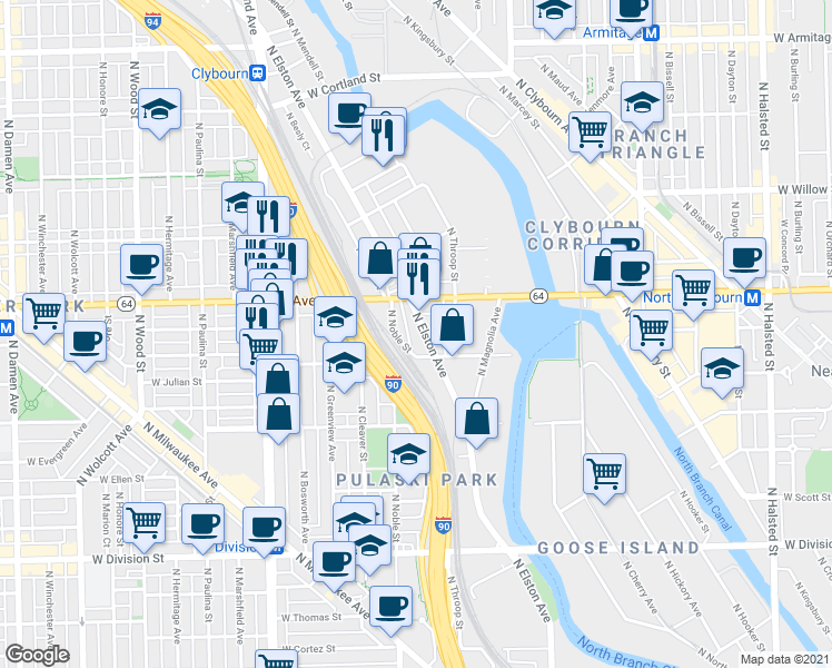 map of restaurants, bars, coffee shops, grocery stores, and more near 1535 North Elston Avenue in Chicago