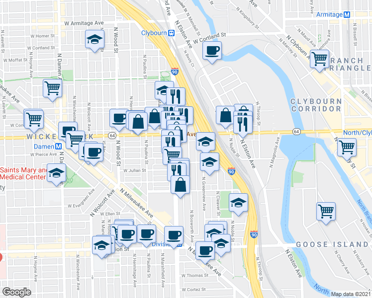 map of restaurants, bars, coffee shops, grocery stores, and more near 1541 North Bosworth Avenue in Chicago