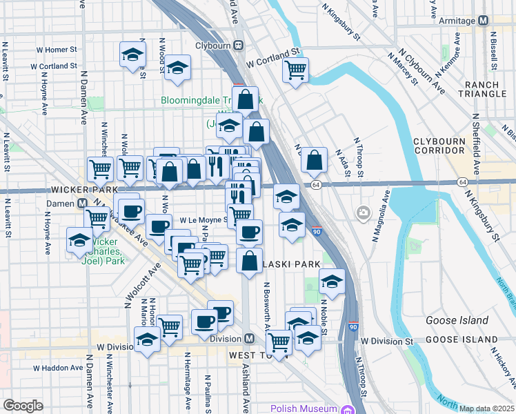 map of restaurants, bars, coffee shops, grocery stores, and more near 1515 North Ashland Avenue in Chicago