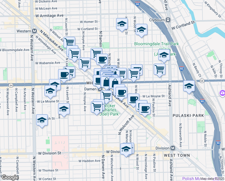 map of restaurants, bars, coffee shops, grocery stores, and more near 1563 North Milwaukee Avenue in Chicago
