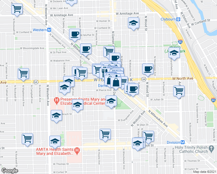 map of restaurants, bars, coffee shops, grocery stores, and more near 1604 North Milwaukee Avenue in Chicago