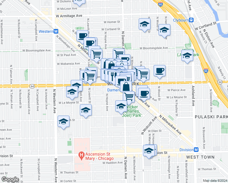 map of restaurants, bars, coffee shops, grocery stores, and more near 1563 North Hoyne Avenue in Chicago