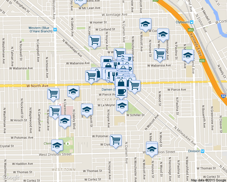 map of restaurants, bars, coffee shops, grocery stores, and more near 1563 North Hoyne Avenue in Chicago