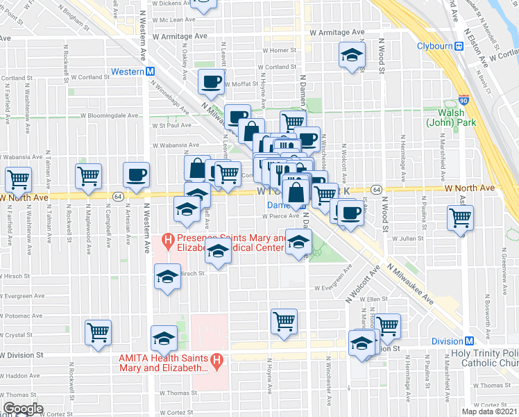 map of restaurants, bars, coffee shops, grocery stores, and more near 2131 West North Avenue in Chicago