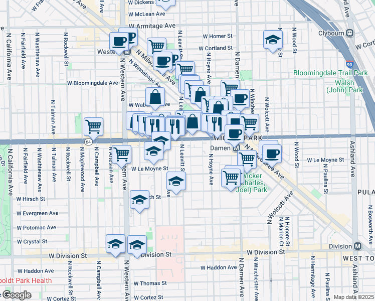 map of restaurants, bars, coffee shops, grocery stores, and more near 1548 North Leavitt Street in Chicago