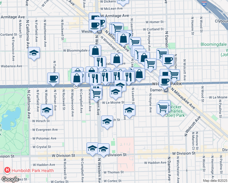 map of restaurants, bars, coffee shops, grocery stores, and more near 2325 West North Avenue in Chicago