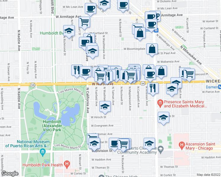 map of restaurants, bars, coffee shops, grocery stores, and more near 2639 West North Avenue in Chicago