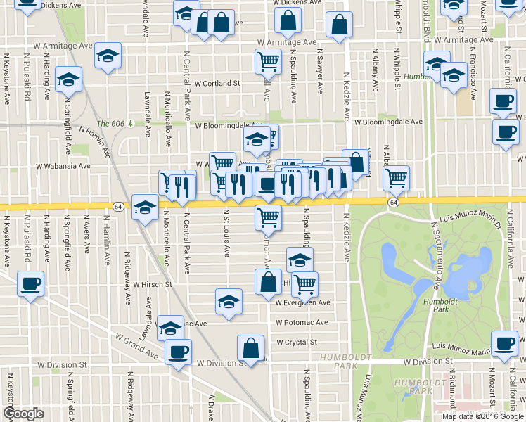 map of restaurants, bars, coffee shops, grocery stores, and more near in Chicago