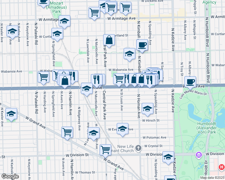 map of restaurants, bars, coffee shops, grocery stores, and more near 3527 West North Avenue in Chicago