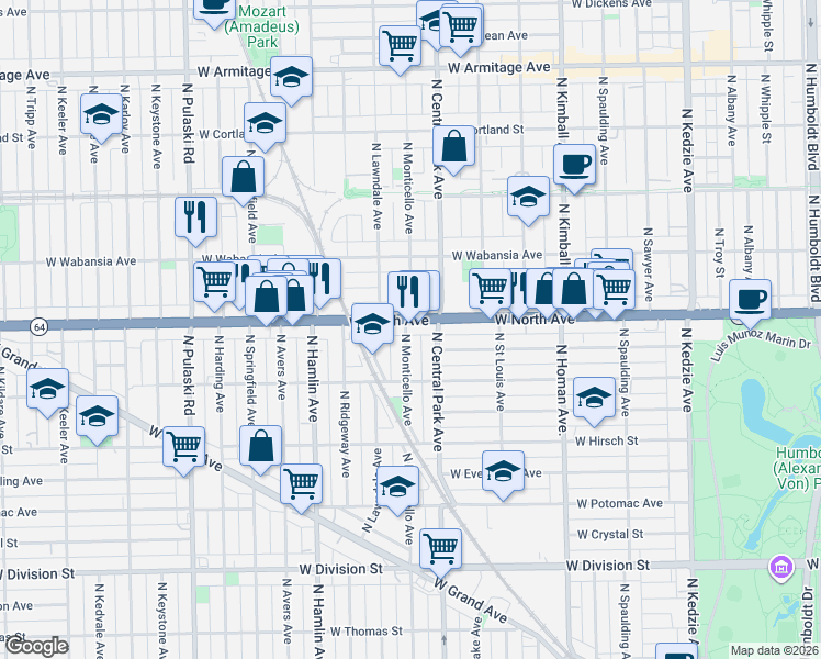 map of restaurants, bars, coffee shops, grocery stores, and more near 3639 West North Avenue in Chicago
