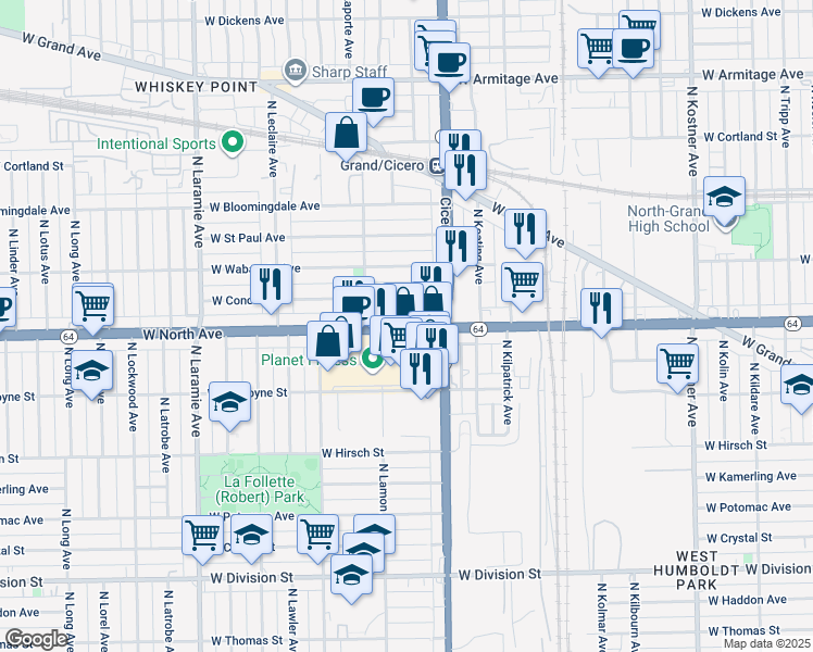map of restaurants, bars, coffee shops, grocery stores, and more near 4828 West North Avenue in Chicago